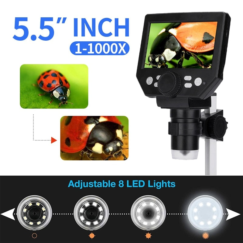 Microscopio Digital LCD de 5,5 ", lupa de microscopio de moneda 1000X 1080P con
