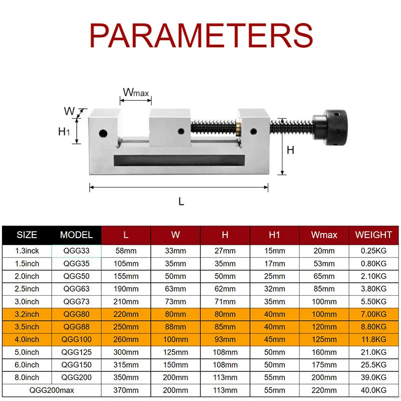 Precision Flat-Nose Grinding Vise, Models QGG80, QGG88, QGG100 - 3.2 to 4 Inch