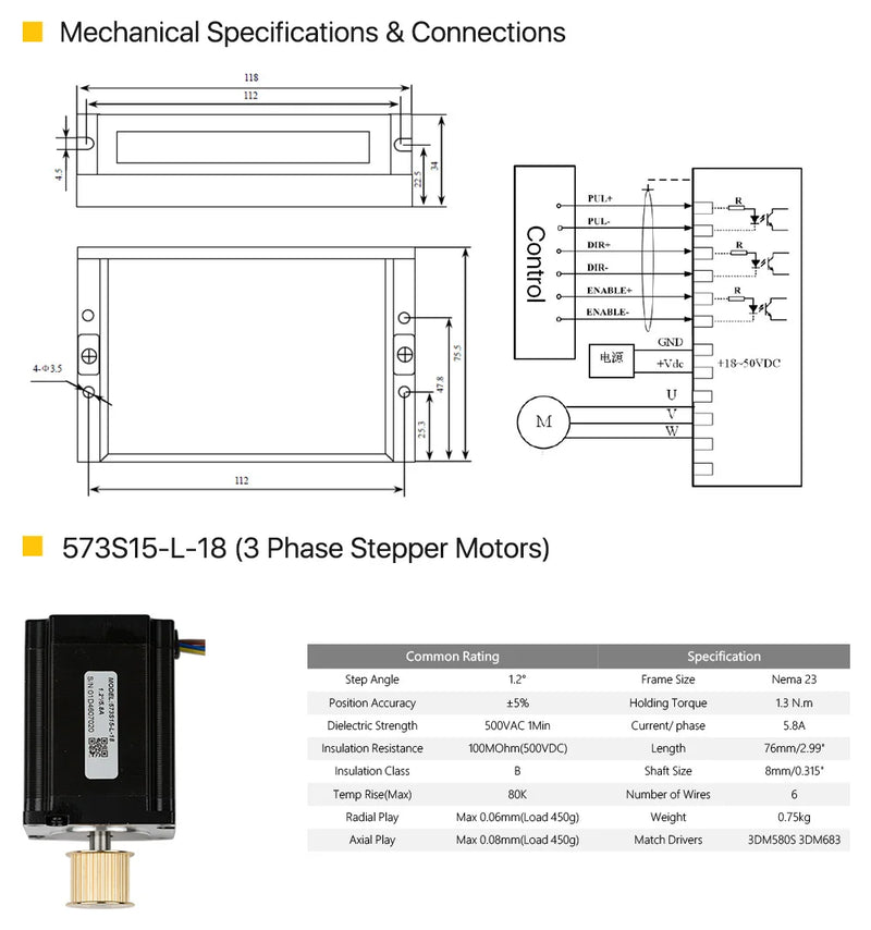 Cloudray Leadshine NEMA 23 3-Phase Stepper Motor Kit 0.9–1.3N.m 3DM580S