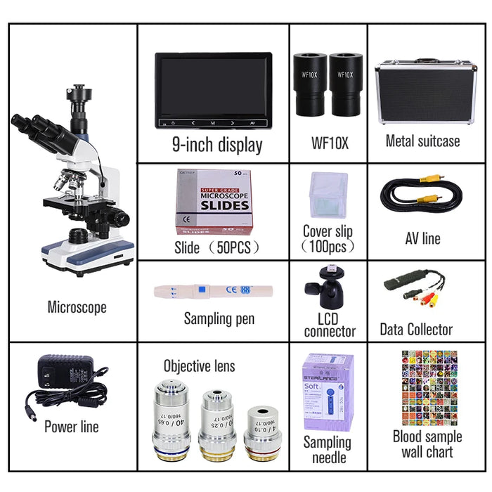 Professional 5MP Digital Trinocular HD Biological Lab Microscope – USB LED with Electronic Eyepiece &amp; 7-Inch LCD + Metal Box