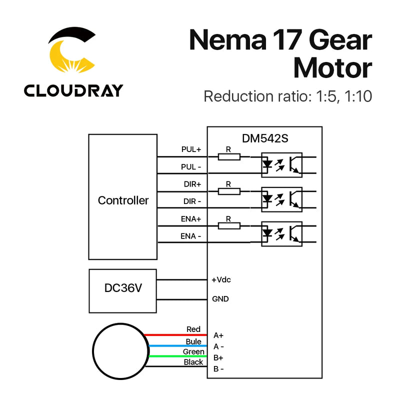 Motor paso a paso Cloudray Nema 17, caja de cambios planetaria de 4 conductores 0,42/0,52 Nm 