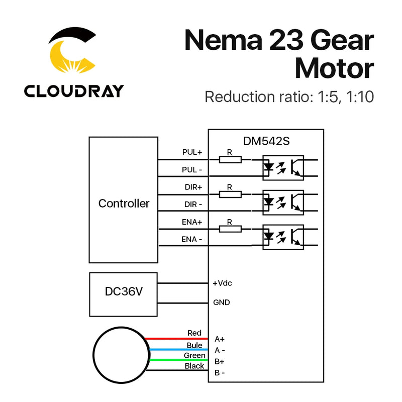 Motor paso a paso Cloudray Nema 23, caja de cambios planetaria de 4 conductores 0,9/1,3 Nm 