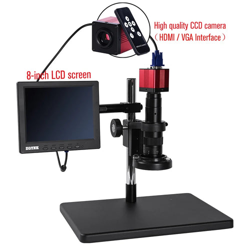 HD Digital Stereo Microscope with 1080P USB/HDMI/VGA Industrial Camera + 180X C-Mount Lens + 8-Inch LCD Display