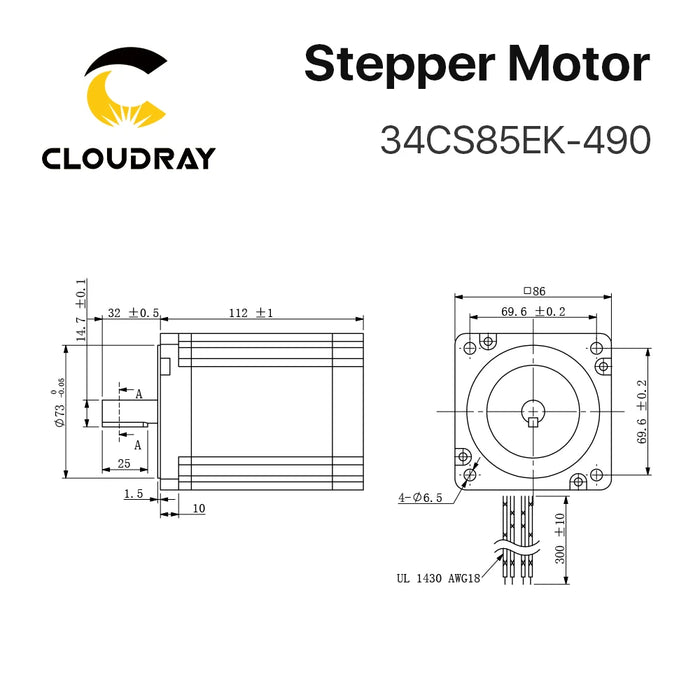 Nema 34 Stepper Motor - 86mm, 8.5N.m, 4.9A (34CS85EK-490) - 4-Lead