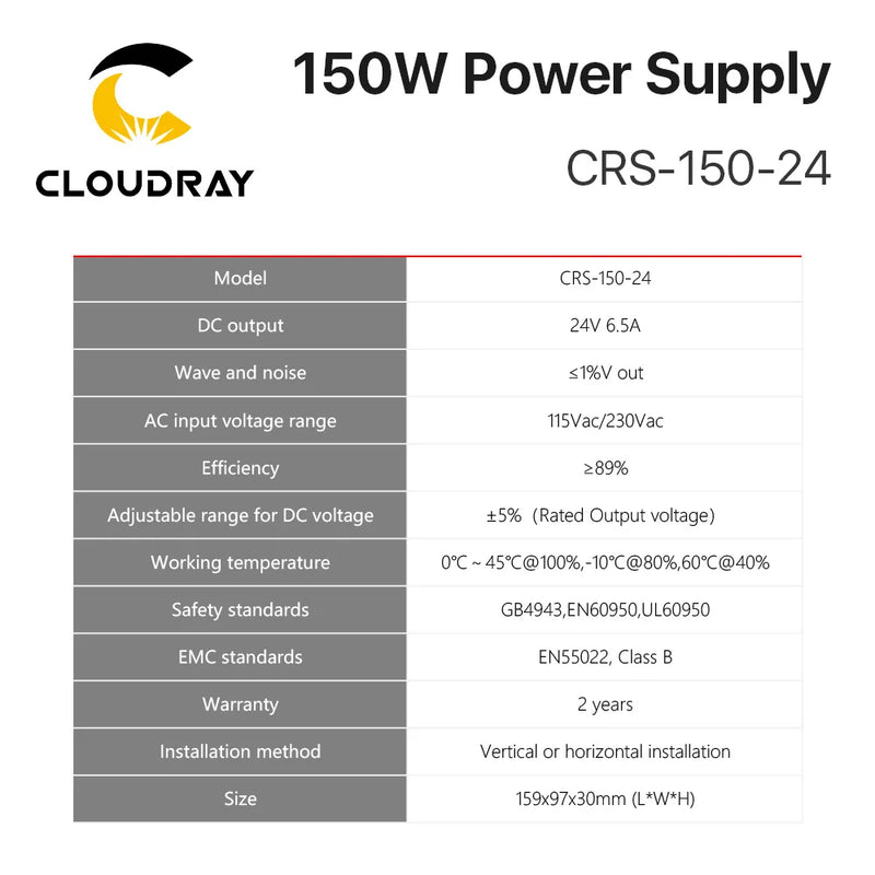 Fuente de alimentación conmutada Cloudray CRS-150 24V 150W 6.5A Alimentación conmutada 