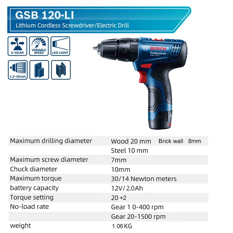 Bosch 3-in-1 Electric Drill GSB 120-LI 12V Cordless Impact Drill