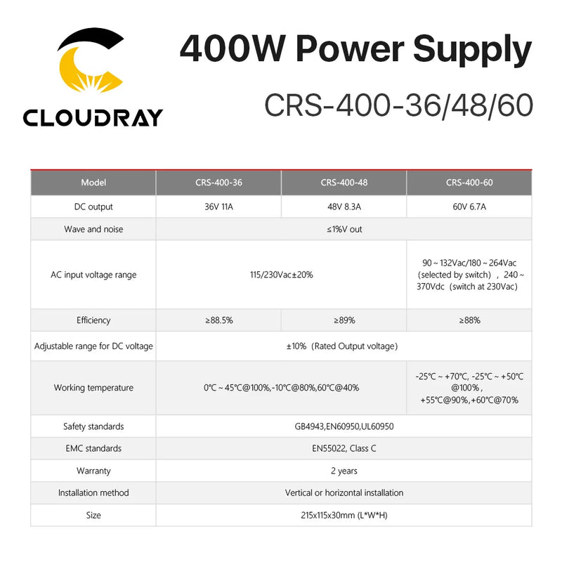 Fuente de alimentación conmutada Cloudray CRS-400 36V 48V 60V 400W 11A Conmutación 