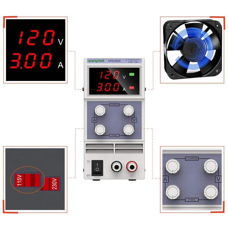 KPS1203D Regulated DC Power Supply 0–5A | Laboratory Variable Bench Power Supply with Dual Display