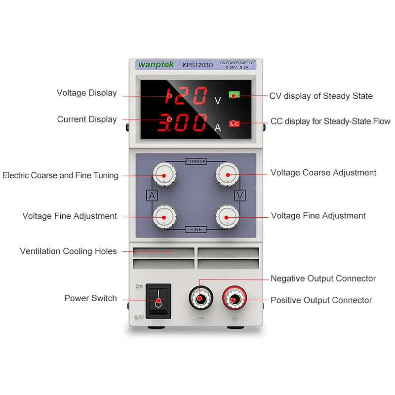 KPS1203D Regulated DC Power Supply 0–5A | Laboratory Variable Bench Power Supply with Dual Display