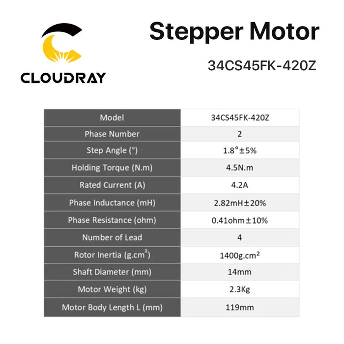 Nema 34 Stepper Motor - 119mm, 4.5Nm, 4.2A, with Brake & Keyway Shaft, 2-Phase