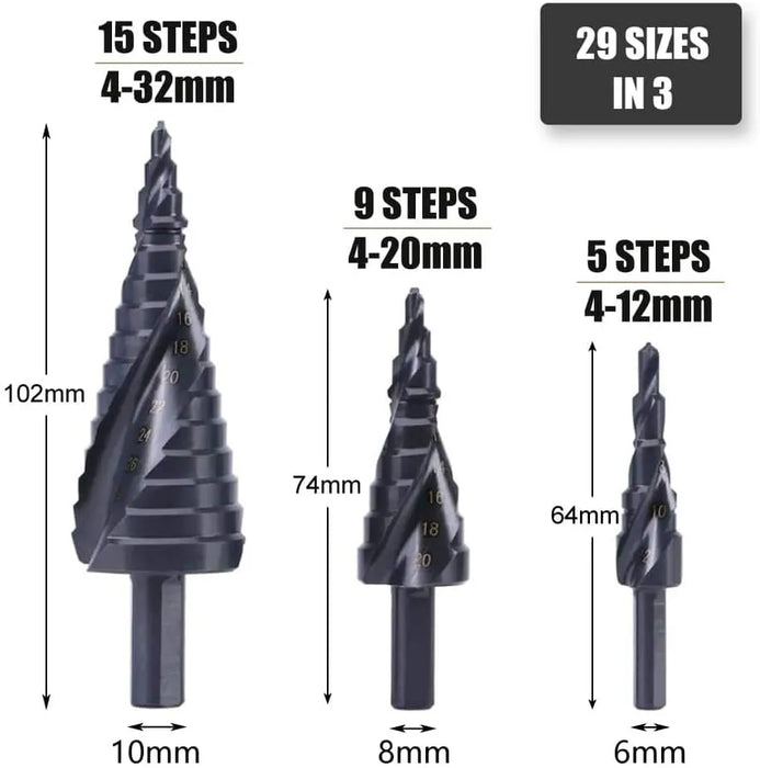 3PCS 4-32mm HSS Cobalt Step Drill Bit Set Nitrogen High Speed Steel