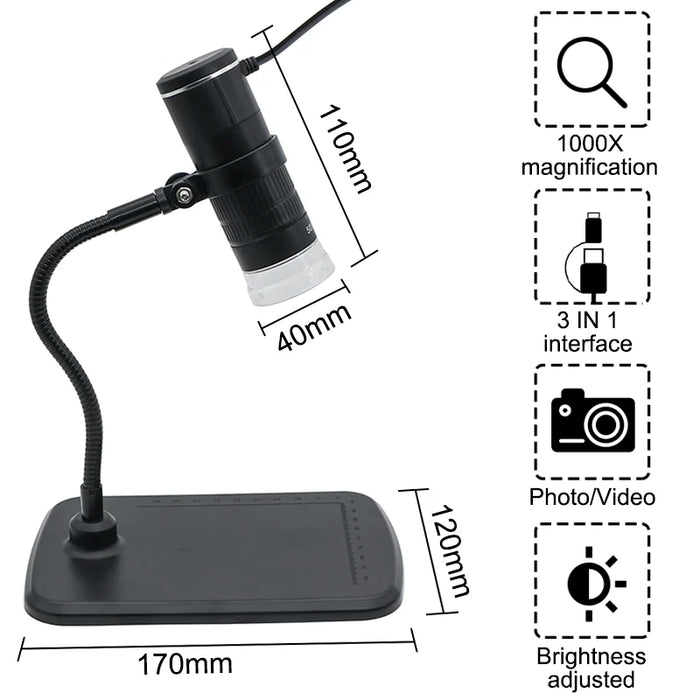 1000X USB Digital Microscope with 8 LED Lights - Type-C and Android/PC Compatible for Watch, PCB, and Skin Inspection