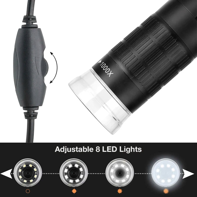 Microscopio digital USB 1000X con lámpara LED de 8 soportes tipo C Android PC 