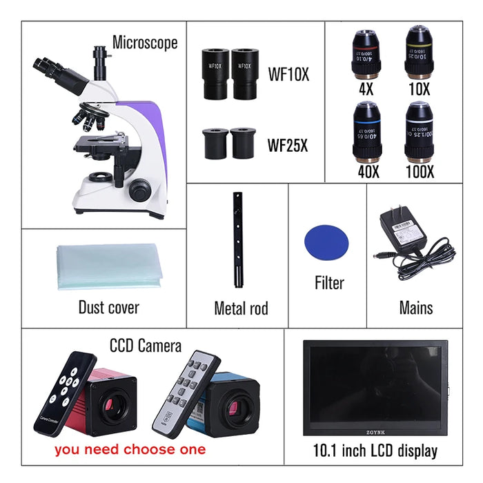 Professional Lab HD Trinocular Microscope – 40X-2500X Zoom + 16MP Electronic Digital Camera + 10-Inch LCD Display