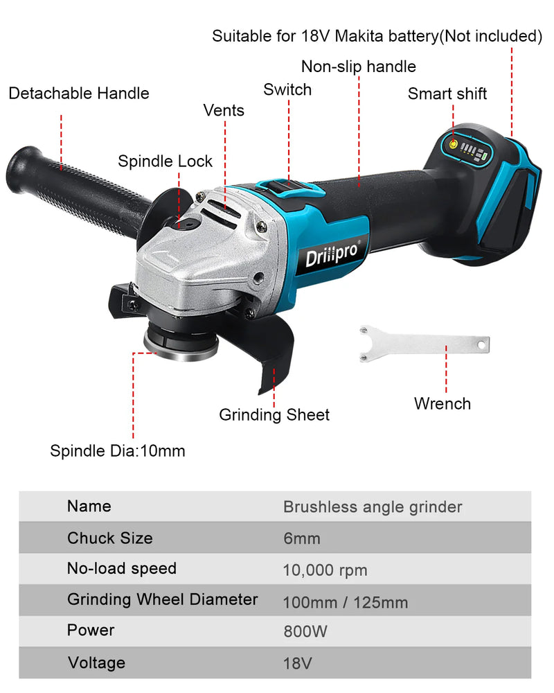 125mm Brushless Cordless Angle Grinder – 4-Speed Variable, Compatible with Makita 18V Battery