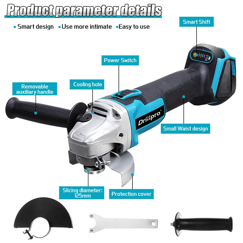 125mm Brushless Cordless Angle Grinder – 4-Speed Variable, Compatible with Makita 18V Battery