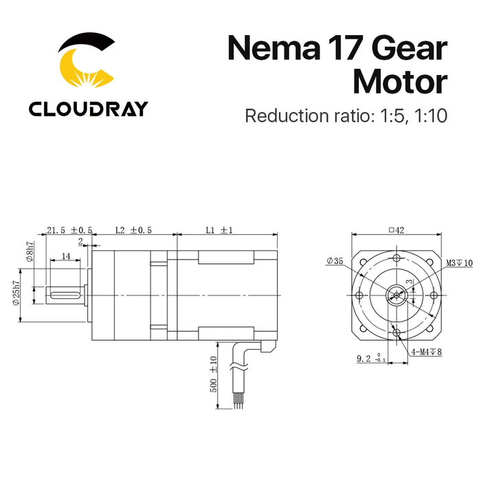 Cloudray Nema 17 Stepper Motor 4-Lead with Planetary Gearbox – 0.42N.m / 0.52N.m, Gear Ratios 5:1 or 10:1