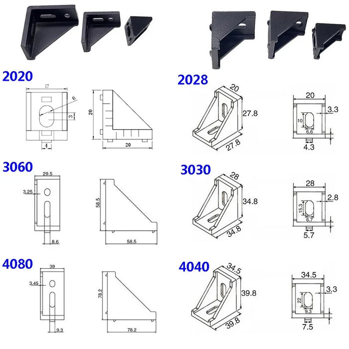 Aluminum Profile Corner Bracket Fitting – 20x20, 30x30, 30x60, 40x40, 40x80 – Black/Silver Connectors (5pcs/10pcs)