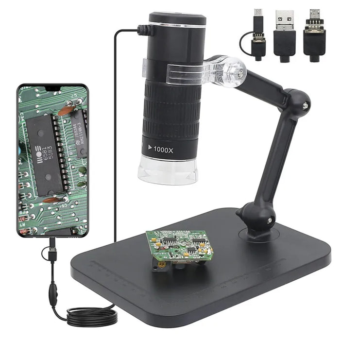 1000X USB Digital Microscope with 8 LED Lights - Type-C and Android/PC Compatible for Watch, PCB, and Skin Inspection