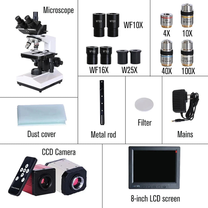 Professional Lab Trinocular Microscope – 2500X Magnification, Digital Camera & 8-Inch LCD