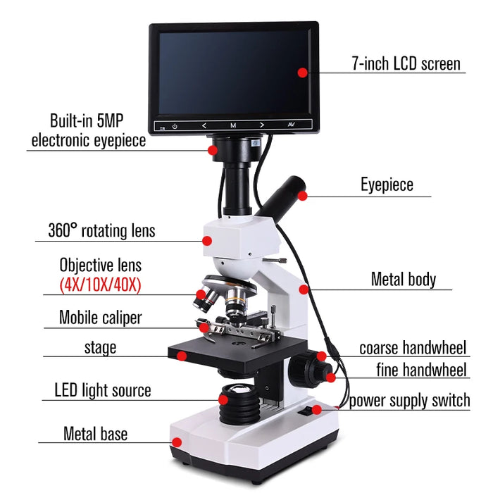 OSEELANG 5MP HD Milbenmikroskop 7-Zoll-Bildschirm Biologisches Labor 