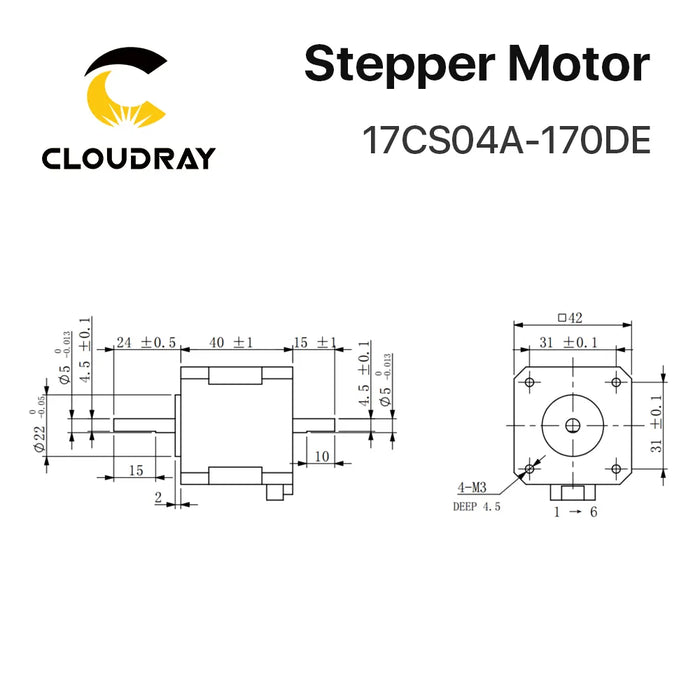 Cloudray Nema 17 Stepper Motor – 40mm, 42Ncm, 1.7A, Double Shaft, 2-Phase