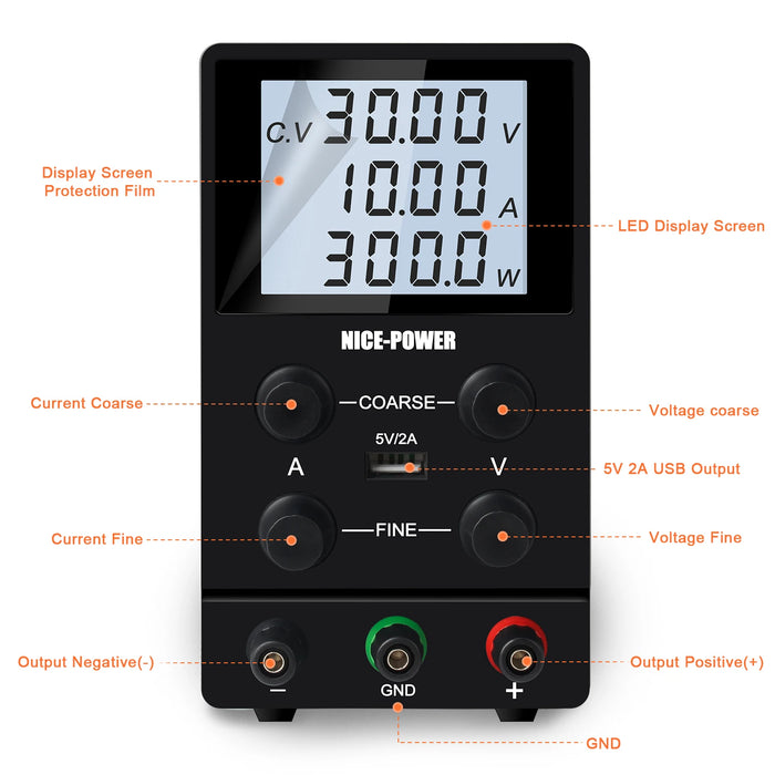 USB DC Regulated Lab Power Supply, Adjustable 30V 10A to 120V 3A