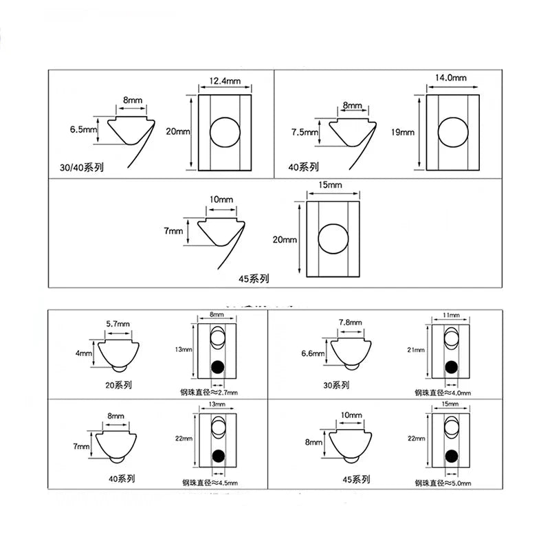 Tuerca en T para perfil de aluminio 2020 3030 4040 4545 M4 M5 M6 20/50uds 