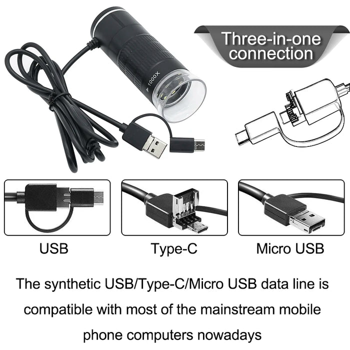 1000X USB Digital Microscope with 8 LED Lights - Type-C and Android/PC Compatible for Watch, PCB, and Skin Inspection