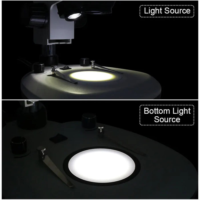 Trinocular Stereo Microscope 7X-45X Zoom – Top &amp; Bottom LED Light Source for Soldering, Phone, and PCB Repair with WF10X Eyepiece