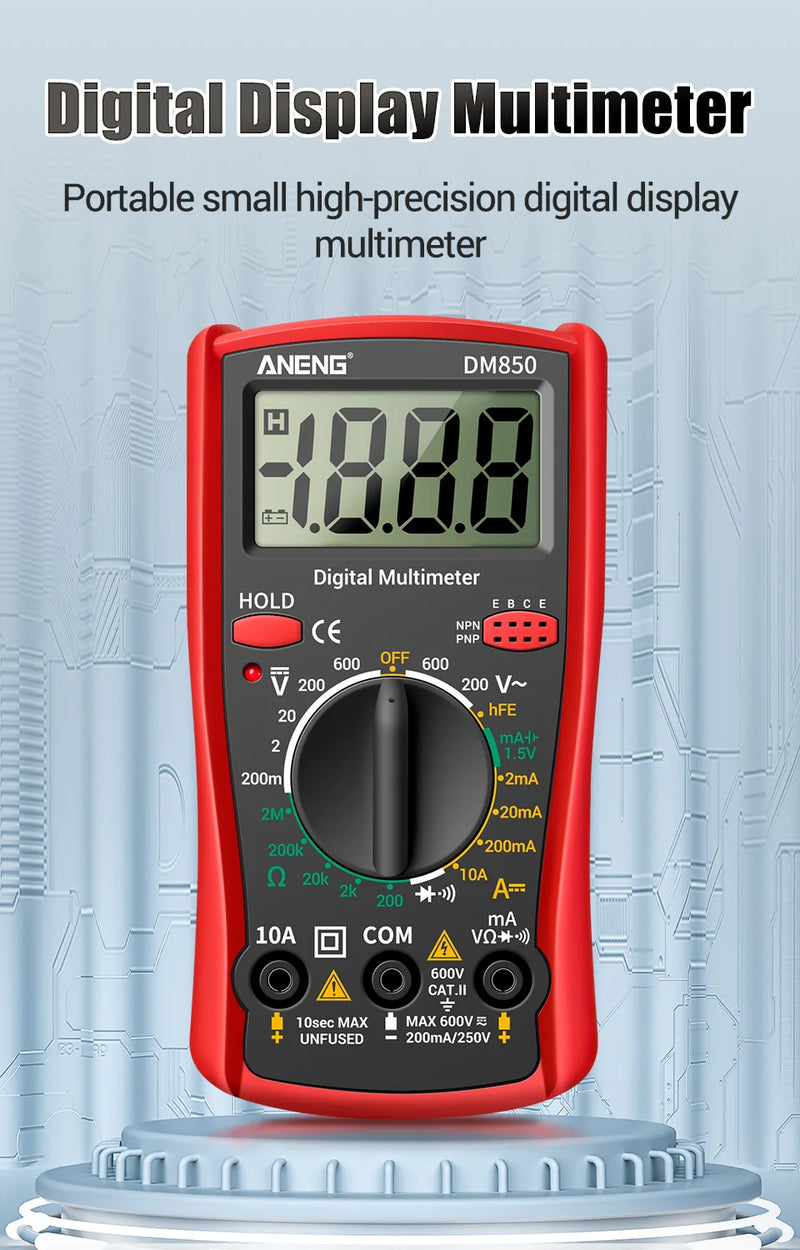 DM850 Digital Multimeter – 1999 Counts AC/DC Voltage Tester, Ohm Meter, DC Current Ammeter, Continuity, Diode