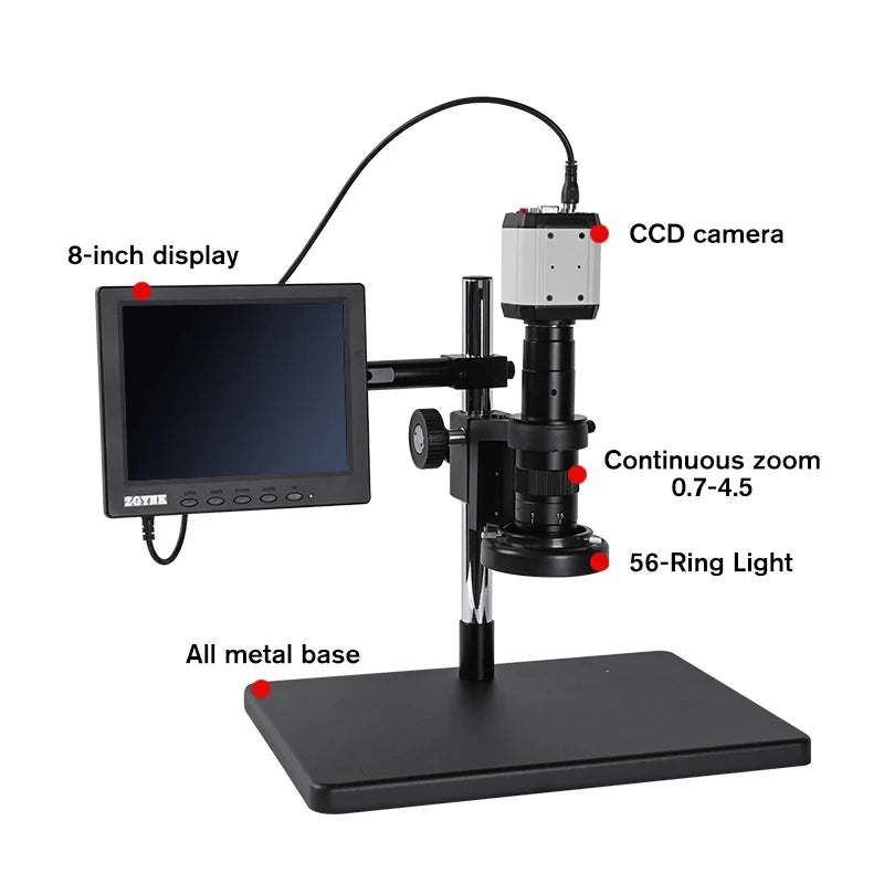 HD Digital Stereo Microscope with 1080P USB/HDMI/VGA Industrial Camera + 180X C-Mount Lens + 8-Inch LCD Display