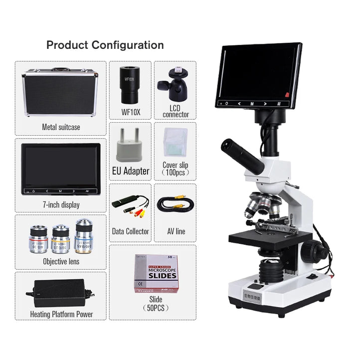 2000X Professional Biological Microscope – TV-Type Coaxial Fine-Tuning with 5MP Electronic Eyepiece &amp; 7-Inch, 9-inch LCD Display