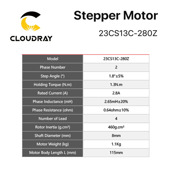 Nema 23 Stepper Motor - 115mm, 1.3Nm, 2.8A, 2-Phase with Cloudray Precision Series