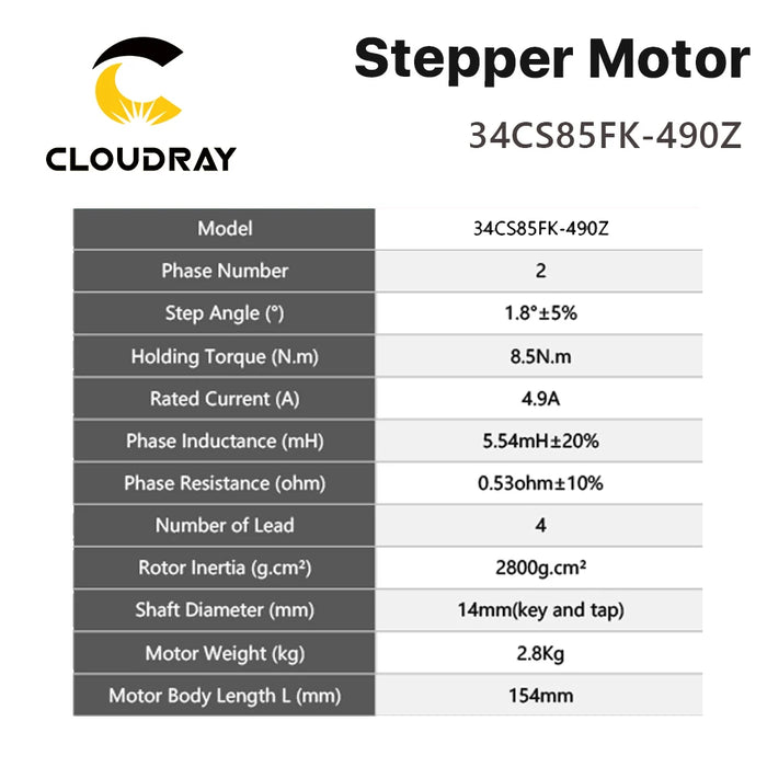 Cloudray Nema 34 Stepper Motor with 8.5N.m Torque - 4.9A, 2-Phase Servo Motor