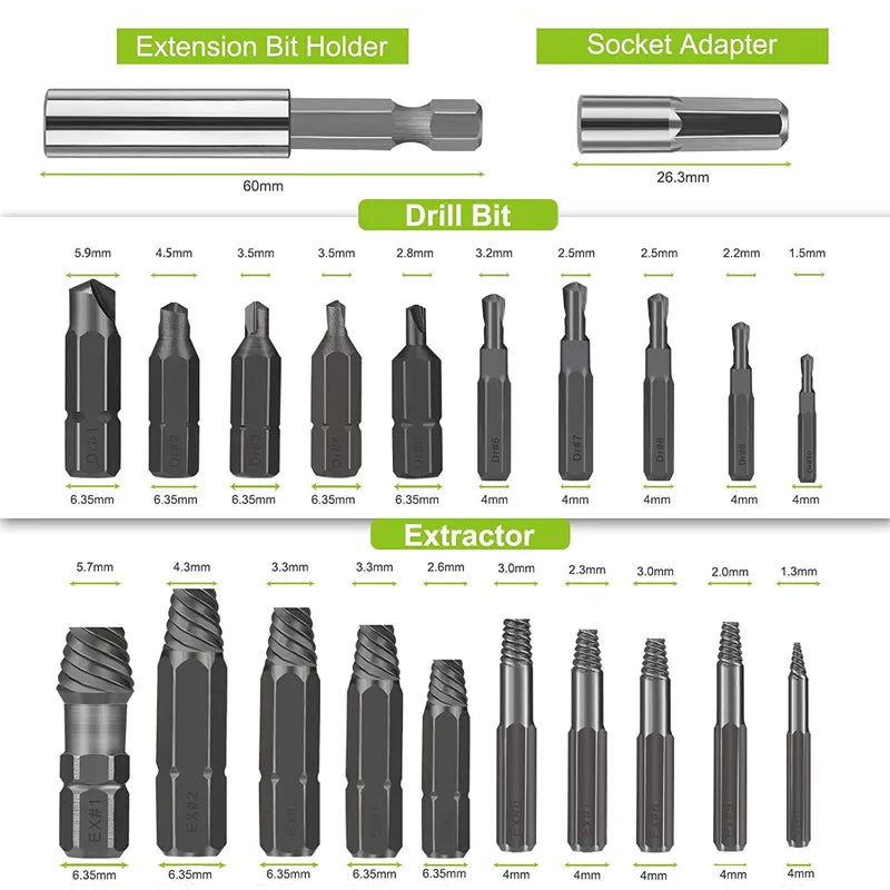 Juego de brocas extractoras de tornillos dañados, 22 Uds., Extractor de tornillos pelados