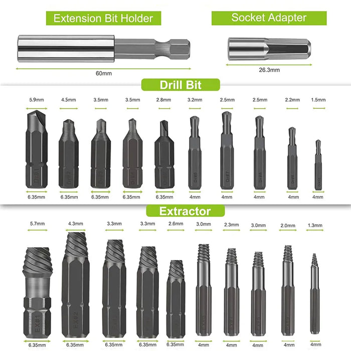 22-teiliges Bohrer-Set für beschädigte Schraubenausdreher, abisolierter Schraubenausdreher