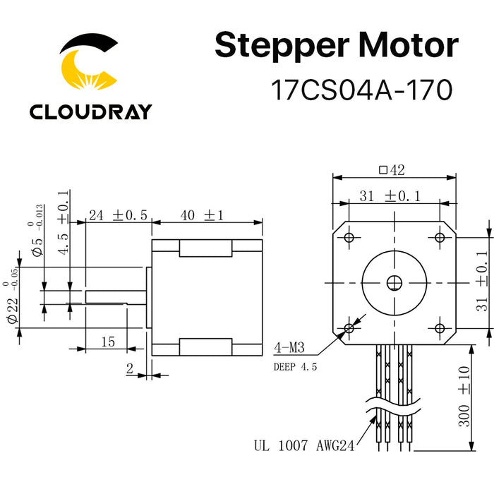 Cloudray Nema 17 Stepper Motor – 40mm, 42Ncm, 1.7A, 2-Phase