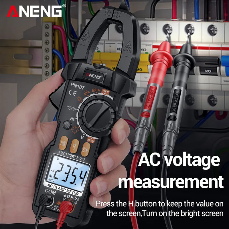 PN107 Digital Clamp Meter – 600A AC Current Clamp, AC/DC Voltage 600V, Resistance, Capacitance, Frequency, Temperature, NCV, Backlight & Flashlight