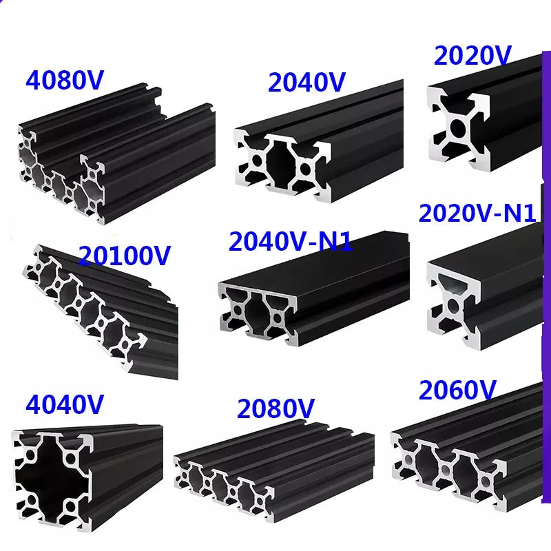 Black V-Slot Modular Aluminum Profile System – Available in 20x20, 20x40, 20x60, 20x80, 40x40, 40x80, and More
