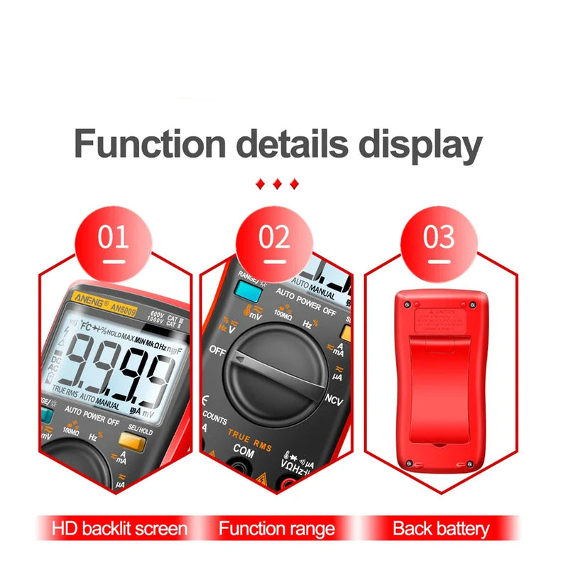 AN8009 Digital Multimeter – True RMS, 9999 Counts Auto/Manual Range, AC/DC Voltage & Current, Capacitance, Resistance, Frequency, Temperature, NCV, Diode, Continuity, hFE