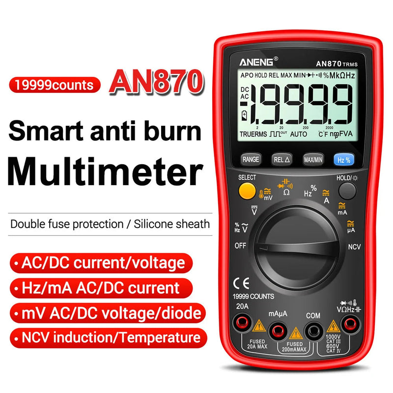 AN870 Smart Digital Multimeter – 19999 Counts True RMS, AC/DC Voltage & Current, NCV, Capacitance, Resistance, Frequency, Duty Cycle, MAX/MIN