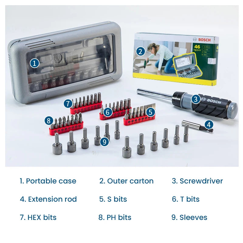 Bosch 46-Piece Ratchet Screwdriver Bits Kit with Extension Rod and HEX Sleeve