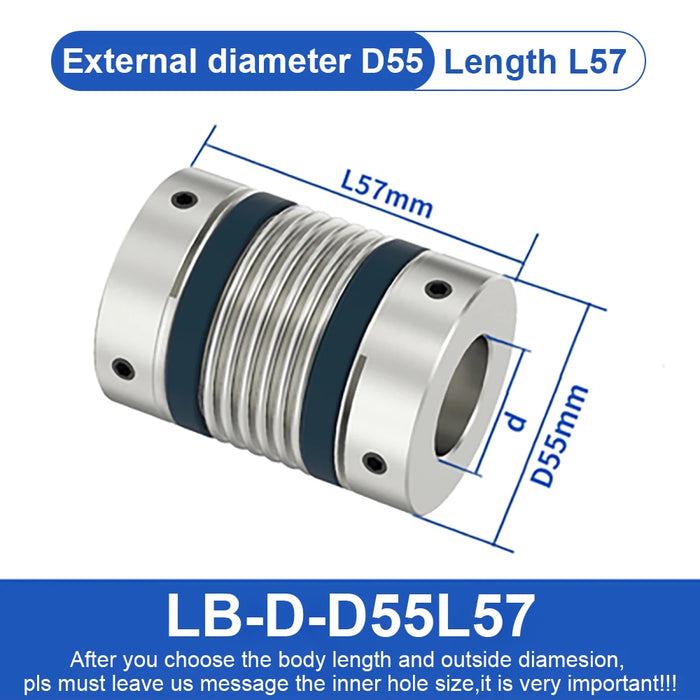 Shaft Coupling LB D55L57/72 - Bellows Flexible Motor Coupler for CNC Applications