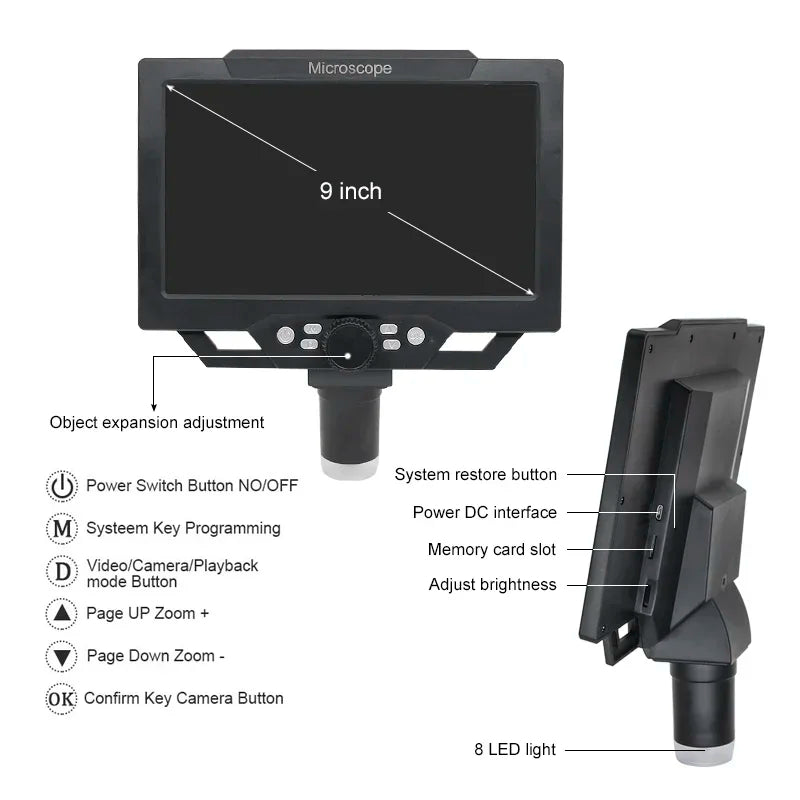 1-1600X Digital Microscope with 9-Inch HD Display for Soldering Repair – LED Dual Light Source Illumination