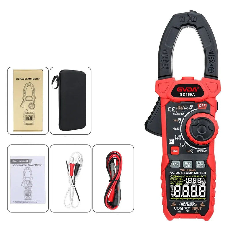 GD169A Digital Clamp Meter – 1000A AC/DC True RMS, 1000V DC / 750V AC, VFD Mode, Inrush Current, LowZ, NCV, Temperature, Capacitance, Frequency