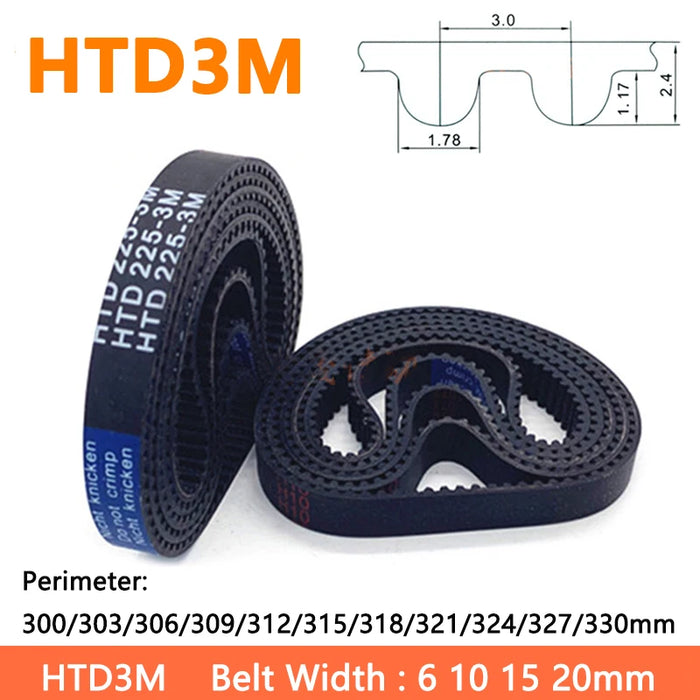 HTD3M Timing Belt - Widths 6mm, 10mm, 15mm, 20mm, Perimeter 300-330mm