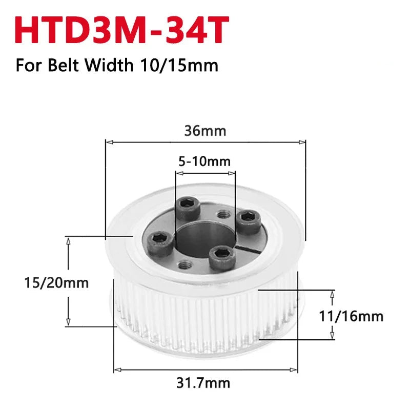 HTD3M 34 Teeth Keyless Timing Pulley 34T HTD-3M Expansion Sleeve