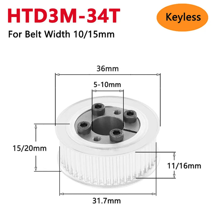 HTD3M 34 Teeth Keyless Timing Pulley 34T HTD-3M Expansion Sleeve