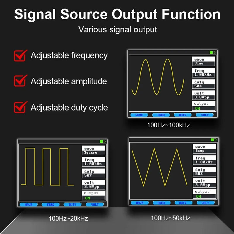 3-in-1 Digital Oscilloscope – 12MHz Bandwidth, Multimeter, Signal Source